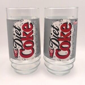 Vintage 1997 Diet Coke Glasses Set of 2 Silver Red Logo Collectible Tumblers
